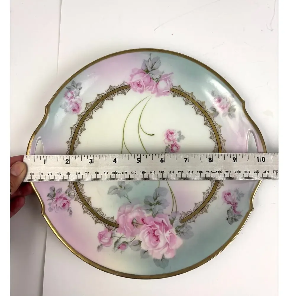 Antique Bavaria Germany Hand-Painted Porcelain Cake Plate Double Handle‎ Roses